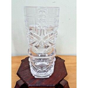 Vintage Forum Clear Glass Raised Tiki Face Tumbler Tropical Polynesian Hawaiian
